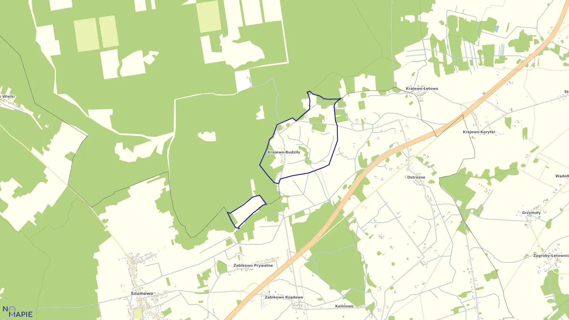 Mapa obrębu Krajewo Budziły w gminie Szumowo