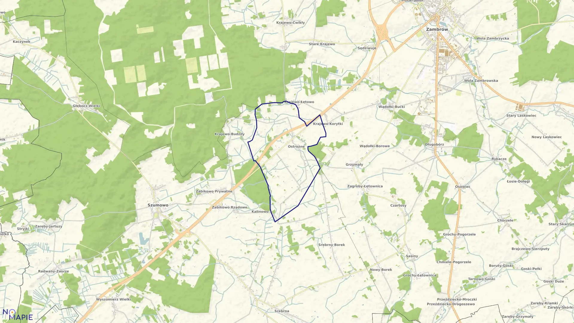 Mapa obrębu Ostrożne w gminie Szumowo