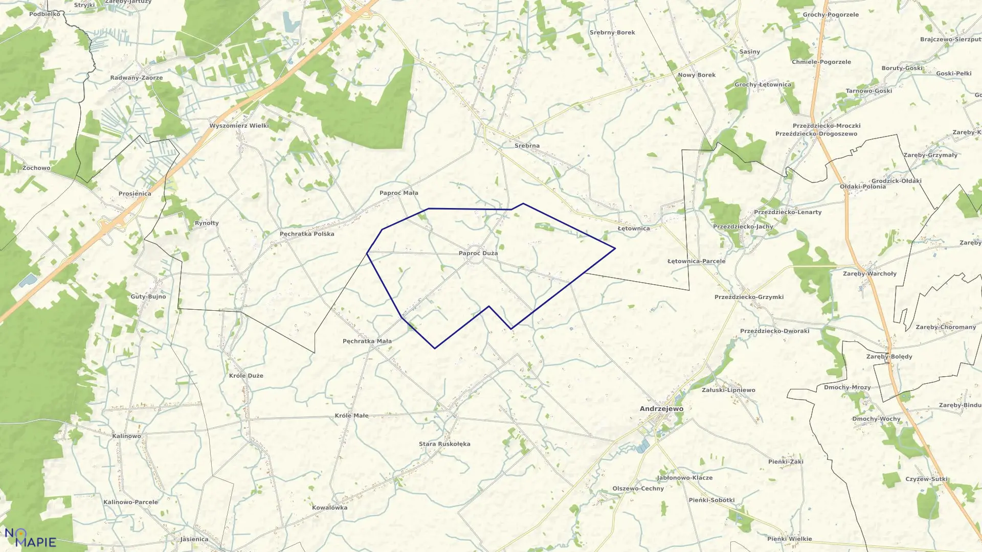 Mapa obrębu Paproć Duża w gminie Szumowo