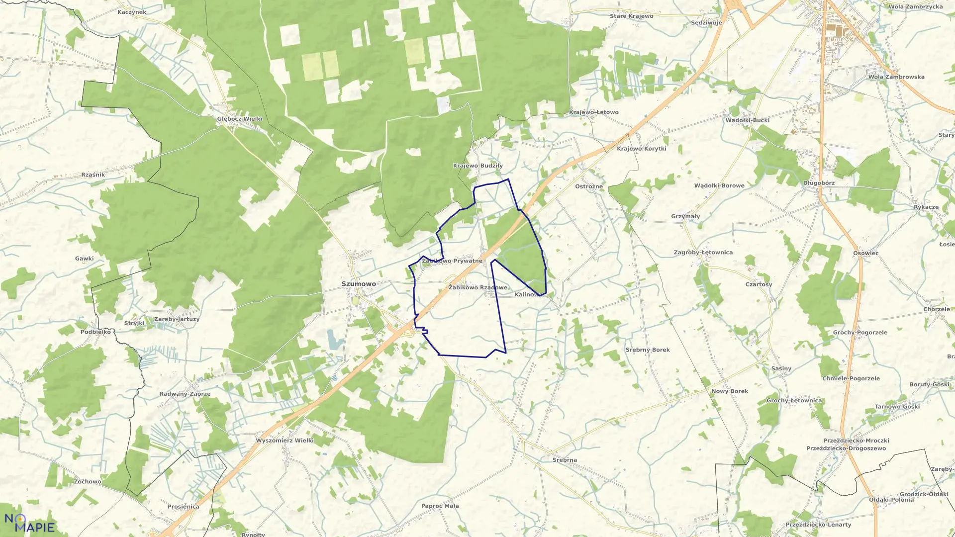 Mapa obrębu Żabikowo w gminie Szumowo