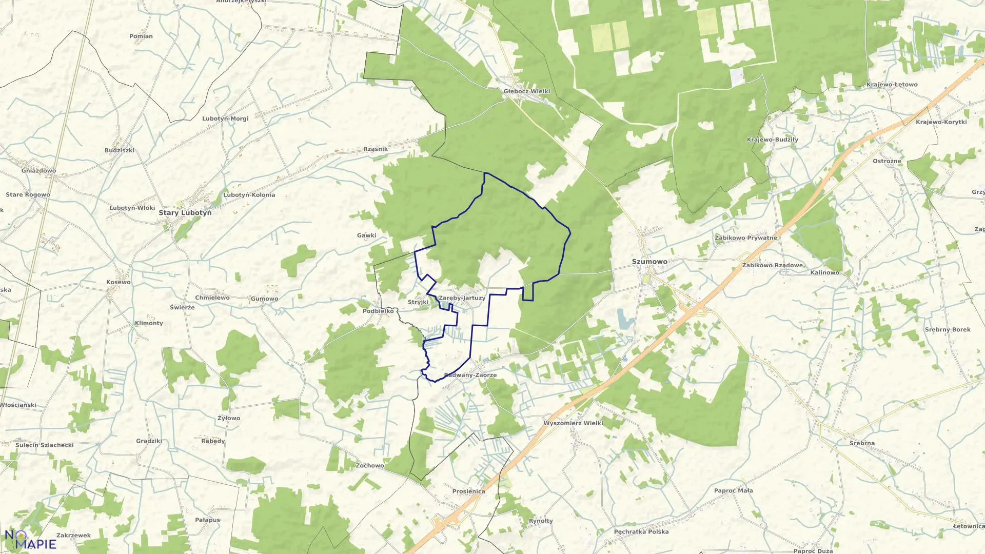 Mapa obrębu Zaręby Jartuzy w gminie Szumowo